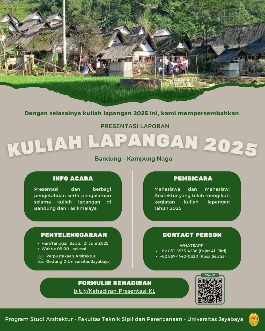 PRESENTASI KULIAH LAPANGAN 2025 Halo, teman-teman Arsitektur Jayabaya! Kami akan segera mengadakan Presentasi Kuliah Lapangan untuk berbagi pengetahuan dan pengalaman kepada teman-teman Arsitektur Jayabaya, yang akan diselenggarakan pada ; Hari/Tanggal : Sabtu, 21 Juni 2025 Waktu : 09.00 s/d selesai Tempat : Ruang Perpustakaan Arsitektur Jayabaya Jangan lewatkan kesempatan ini!